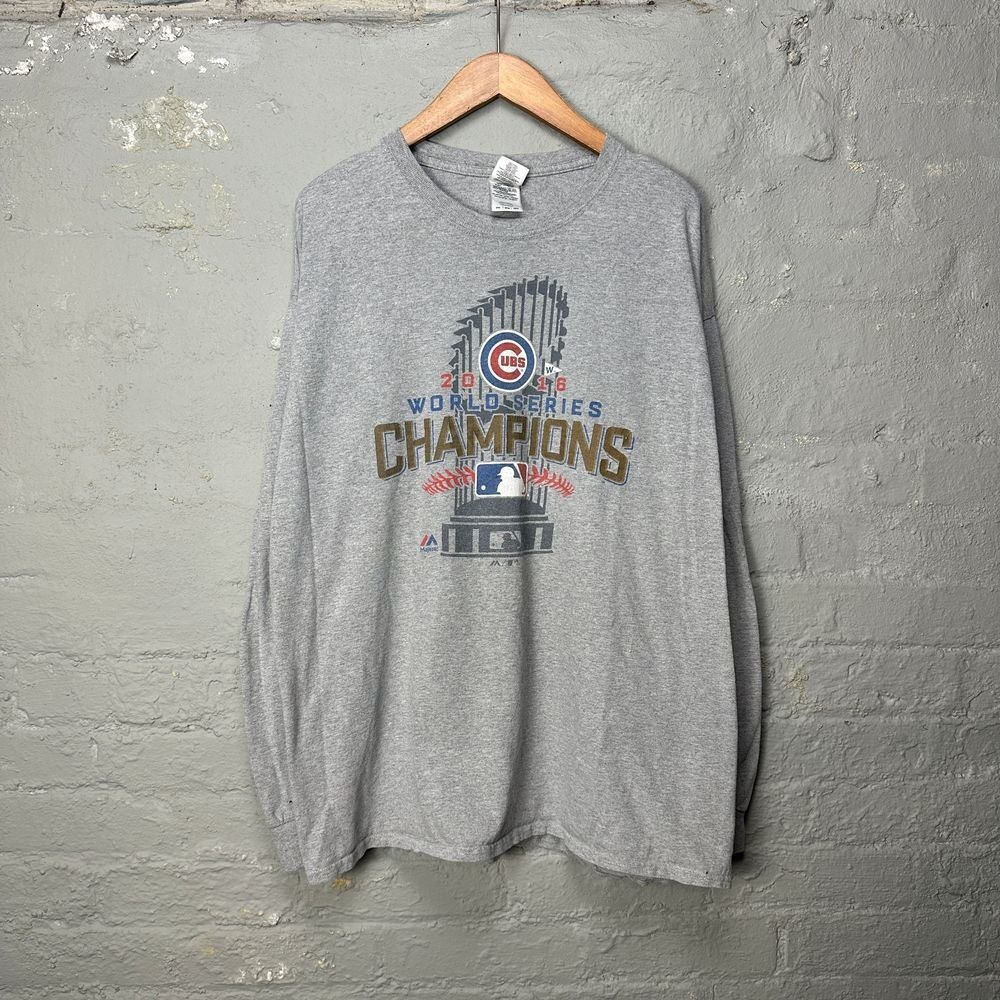 Gildan Chicago Cubs T-Shirt Mens 2XL Gray Excellent 2016 World Series Champions